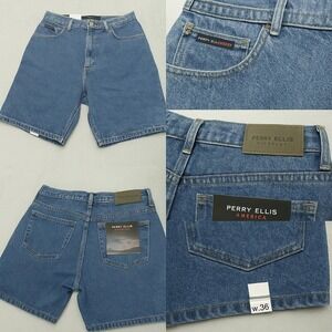 Vintage Perry Ellis Denim Shorts Mens 36x20 Blue Jean Dead Stock Biker Skater 9"